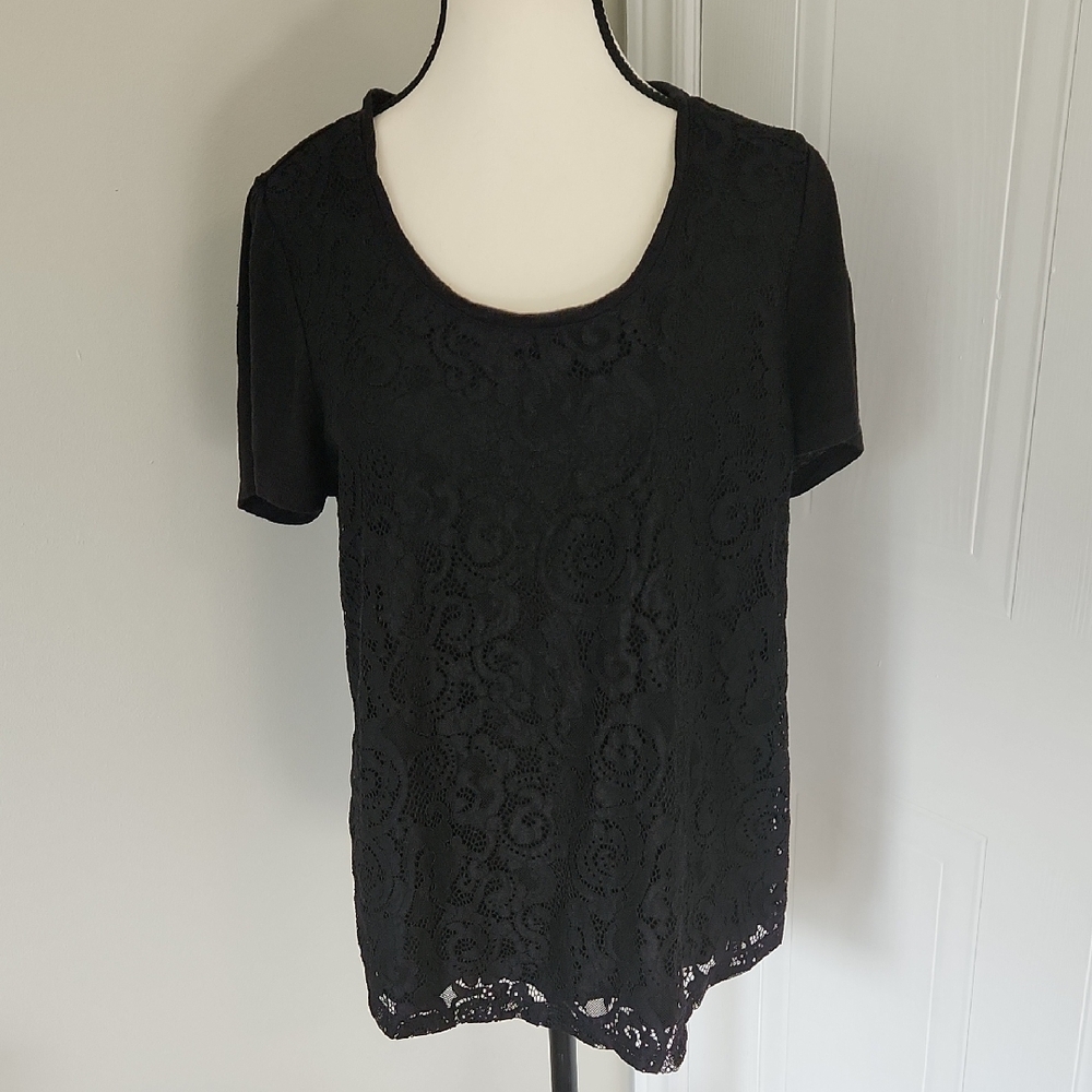 Calvin Klein black lace and linen T-shirt, size medium